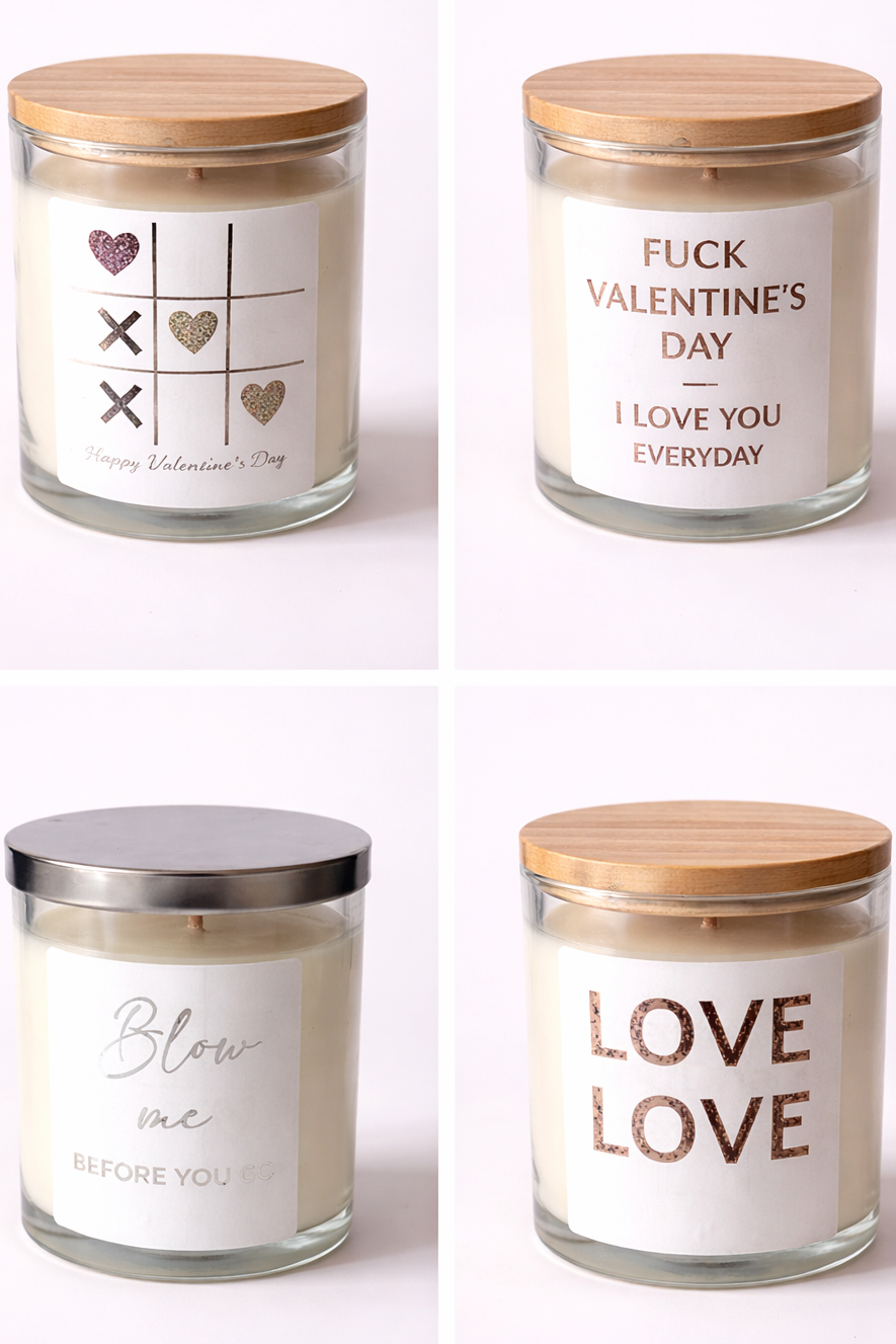 Four candles with different messages on a white background
