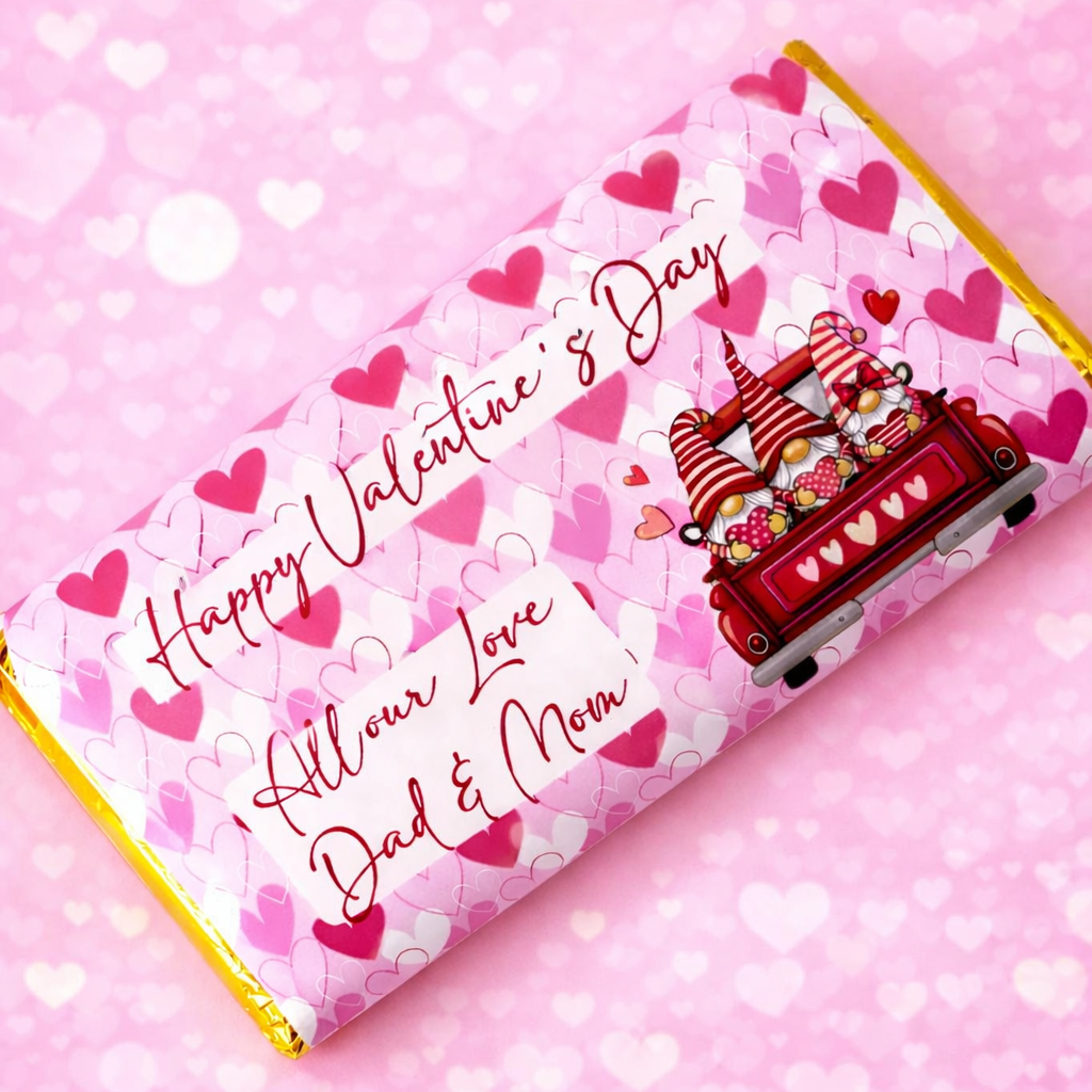 Valentine's Day card with a red fire truck and hearts on a pink heart-patterned background