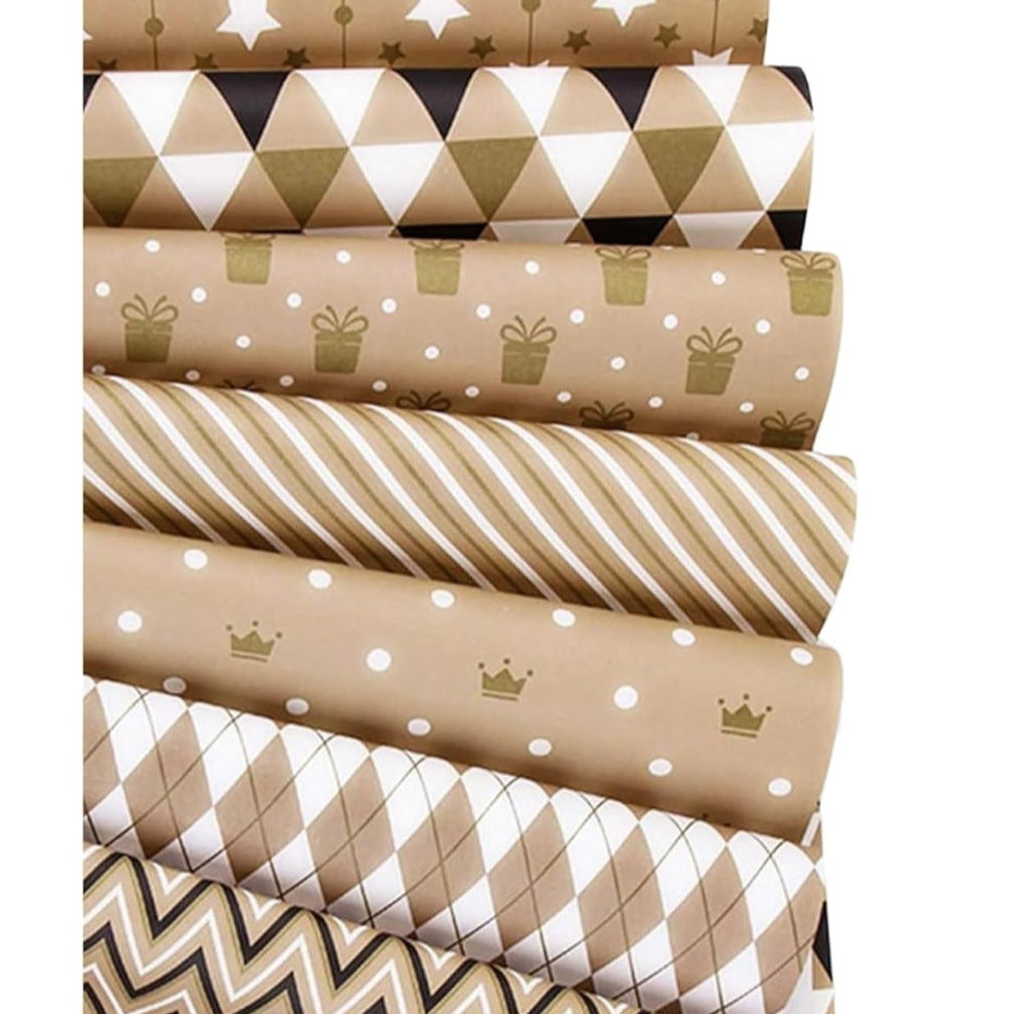 Collection of patterned paper rolls in beige and brown tones on a white background