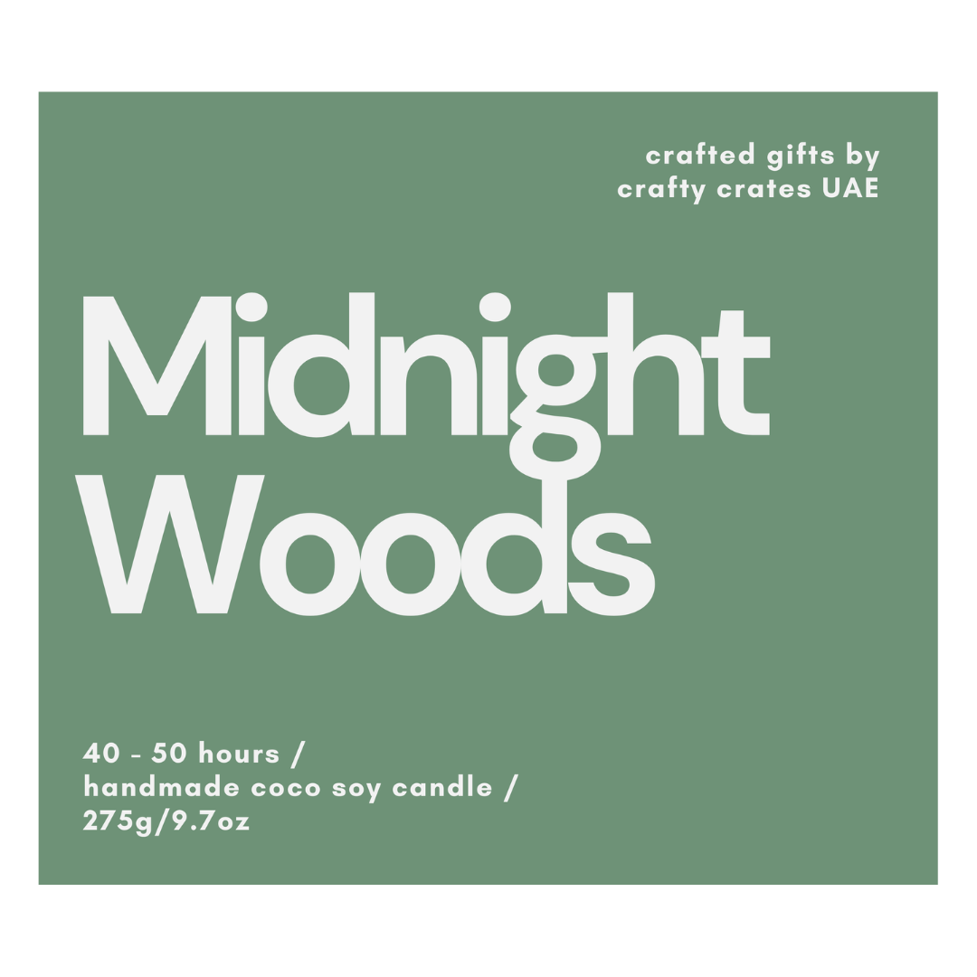Green label with 'Midnight Woods' text and branding information on a white background