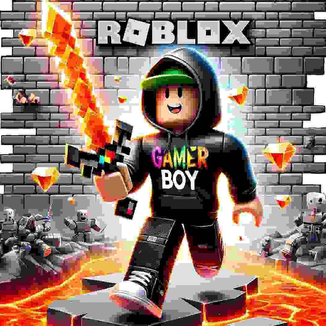 Roblox character holding a sword with a fiery effect in front of a brick wall.