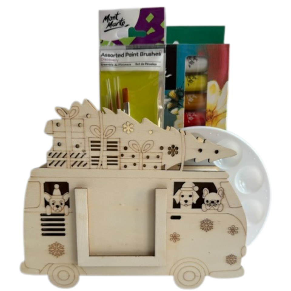 Wooden camper van photo frame with paintbrushes and paint set on a white background