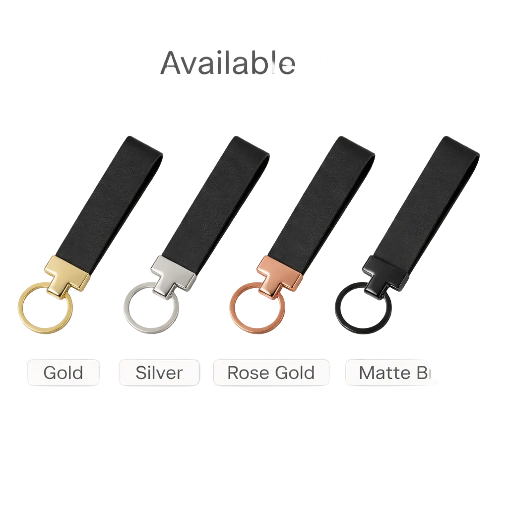 Four black keychains with different colored metal ends on a white background, labeled Gold, Silver, Rose Gold, and Matte Black.
