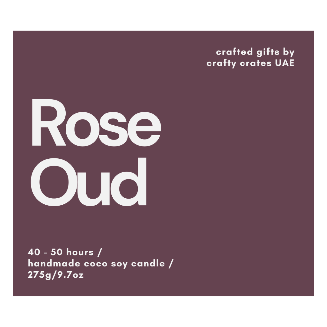 Rose Oud candle packaging with 'crafty crates UAE' branding on a purple background