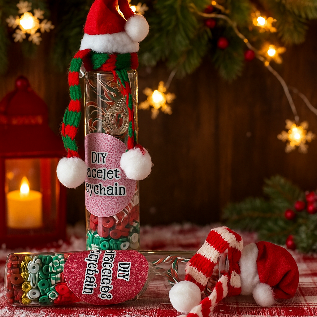DIY bracelet kit with Santa hat and candy cane decorations on a festive background.
