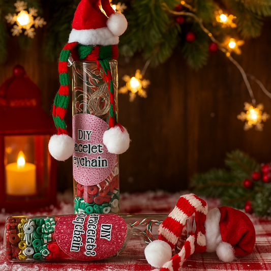 DIY bracelet kit with Santa hat and candy cane decorations on a festive background.