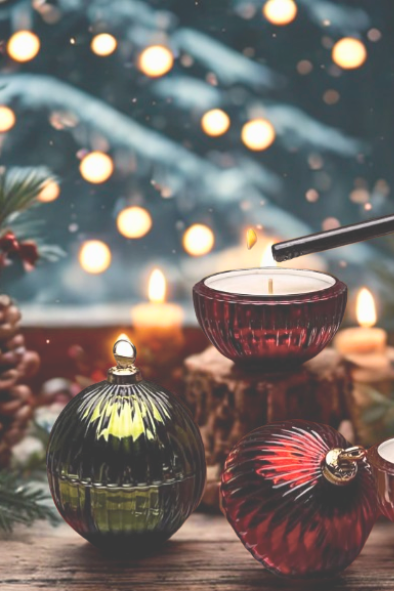 Decorative candles in glass holders with a festive background featuring lights and greenery.