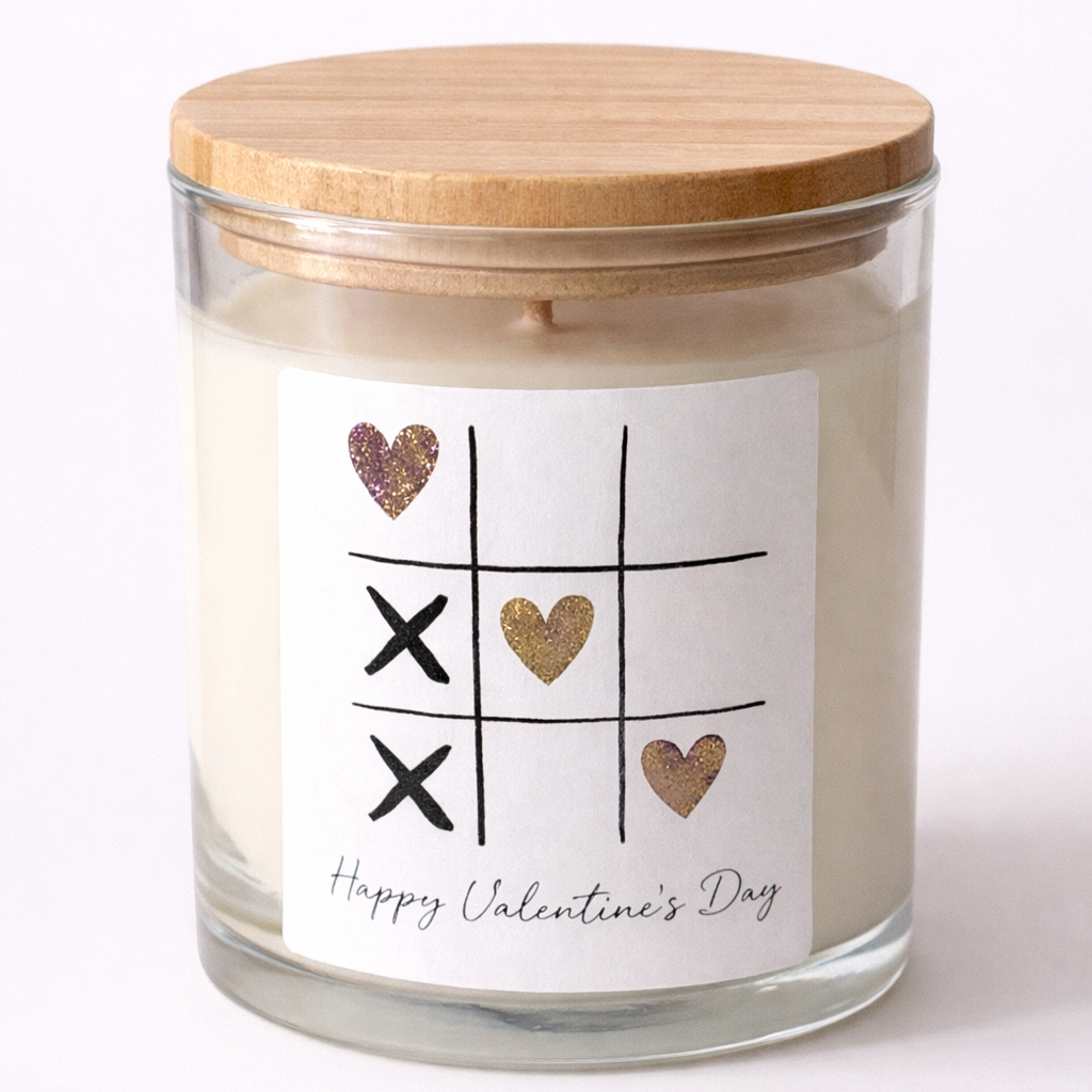 Candle in a glass jar with a wooden lid, featuring a Valentine's Day design on a white background.
