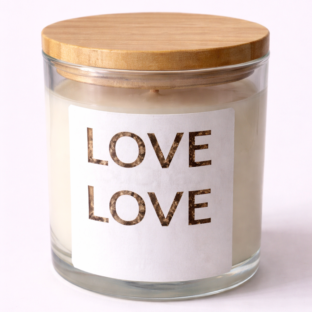 Candle in a glass jar with a wooden lid and 'LOVE LOVE' label on a white background
