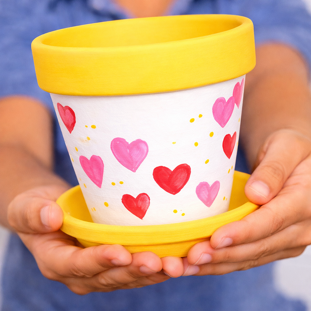 Hand-painted flower pot with hearts held by a person