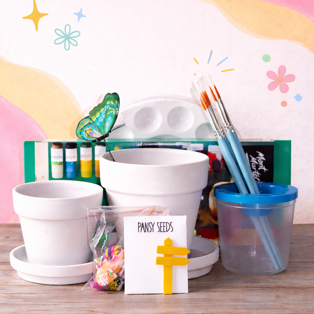 Crafting supplies including pots, paintbrushes, and seeds on a wooden surface with a colorful abstract background.