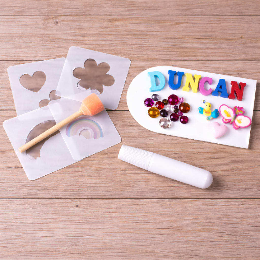 Children's craft set with stencils, beads, and letters on a wooden surface