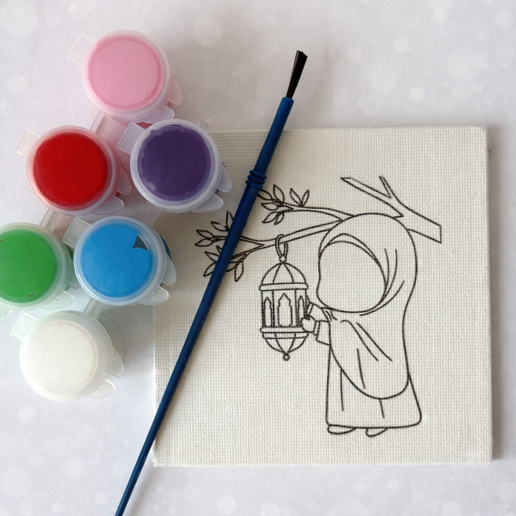 Coloring book with a design of a person holding a lantern, next to paint containers and a brush on a white background.