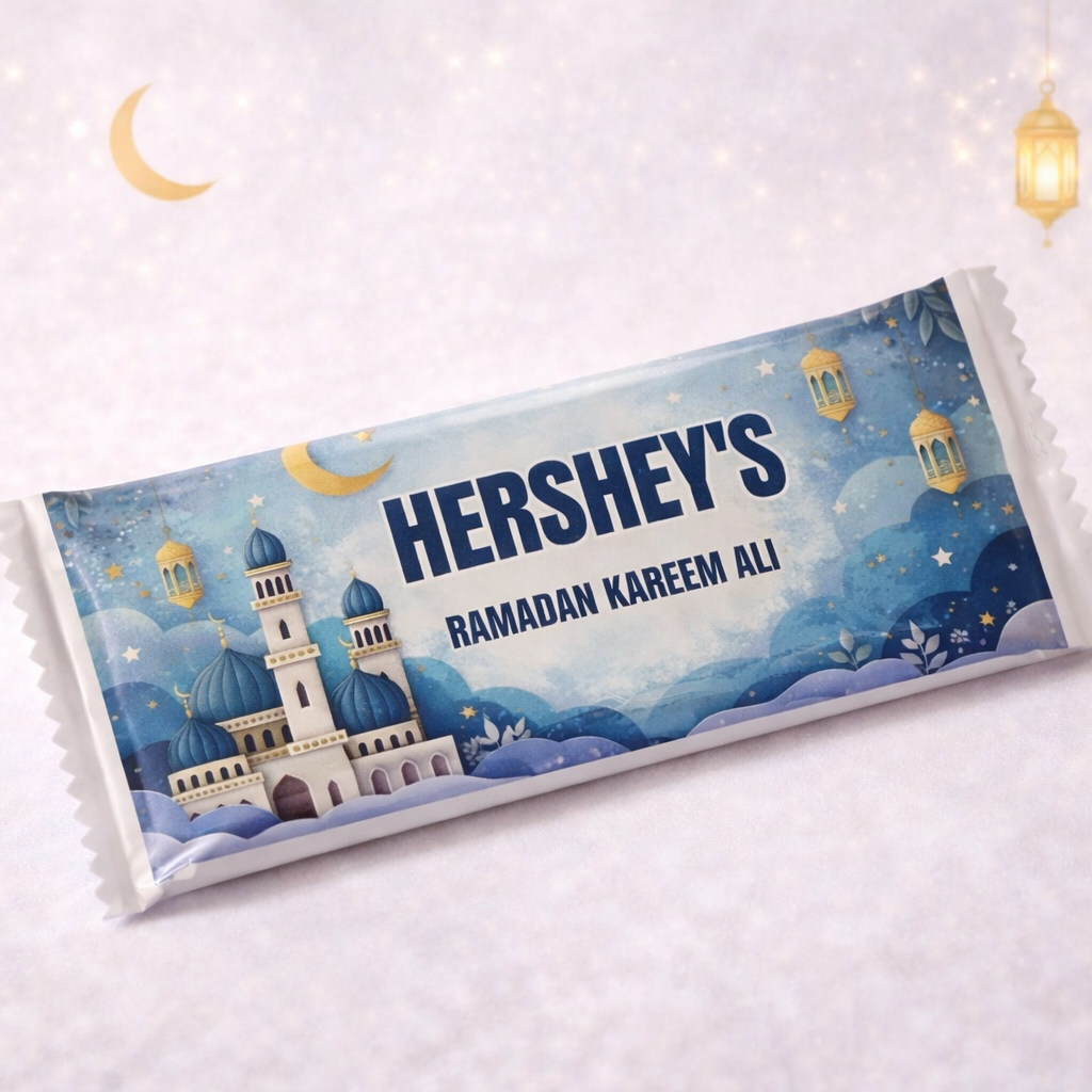 Hershey's chocolate bar with Ramadan-themed packaging on a light background