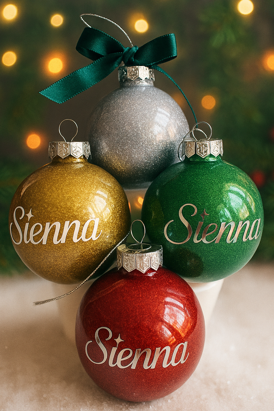 Four Christmas ornaments with 'Sienna' engraved, in gold, silver, green, and red, against a blurred Christmas tree background.