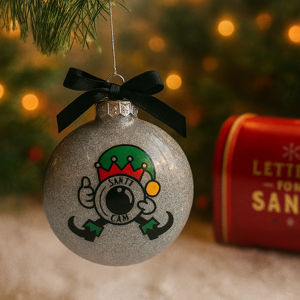 Decorative Christmas ornament with cartoon character on a tree with blurred lights in the background