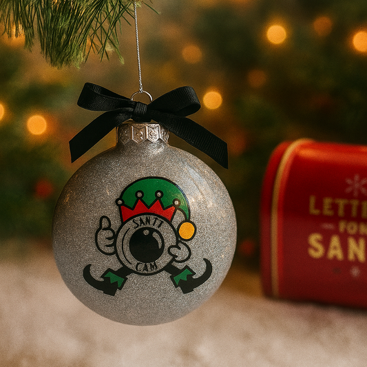 Decorative Christmas ornament with cartoon character on a tree with blurred lights in the background
