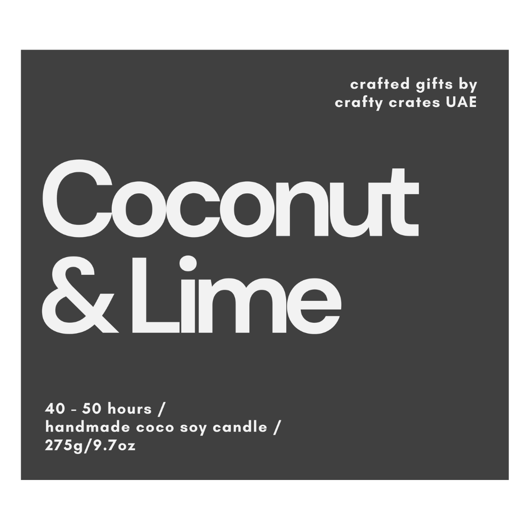 Label for a coconut and lime candle with 'crafty crates UAE' branding on a black background.