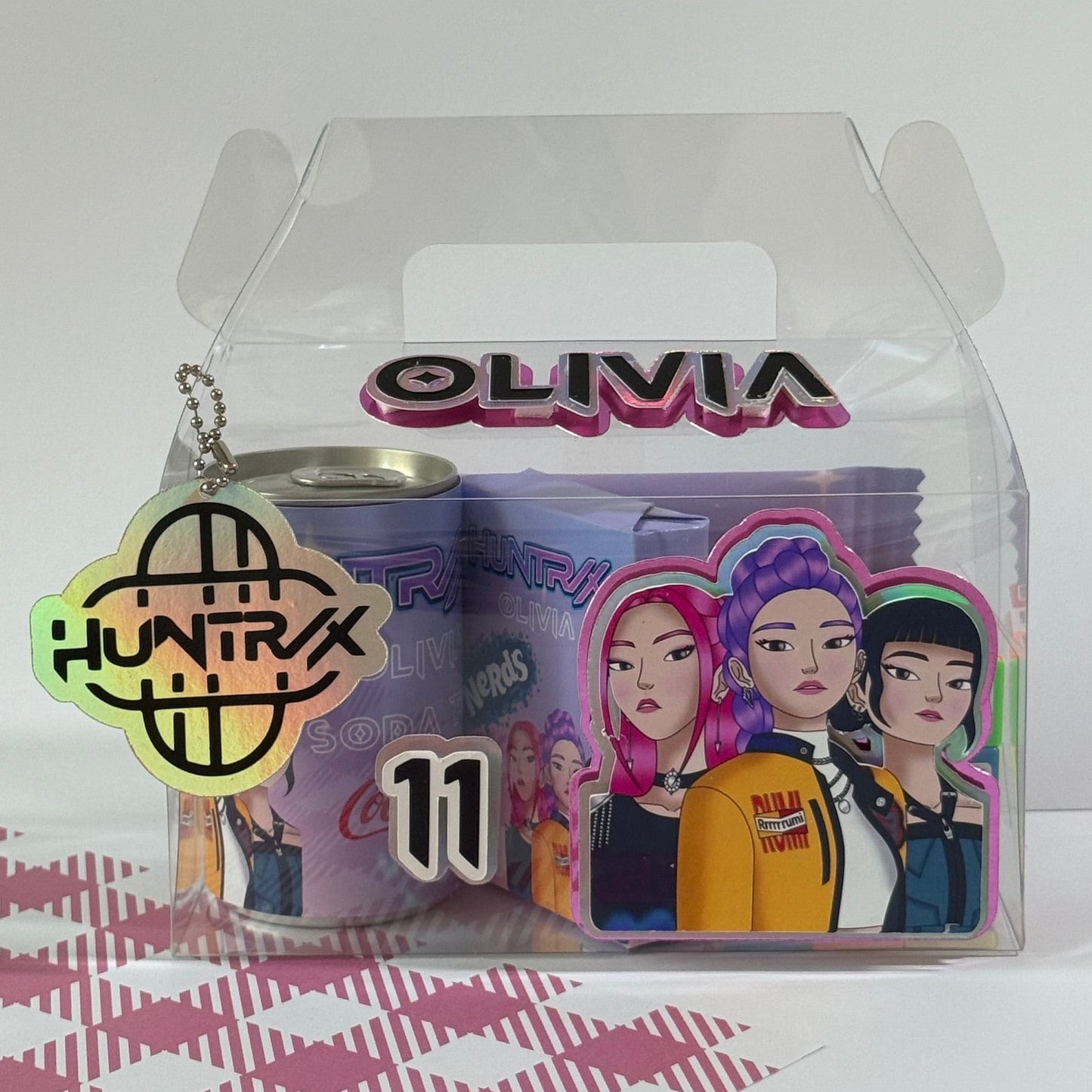 Product packaging with cartoon characters and brand logos on a white background