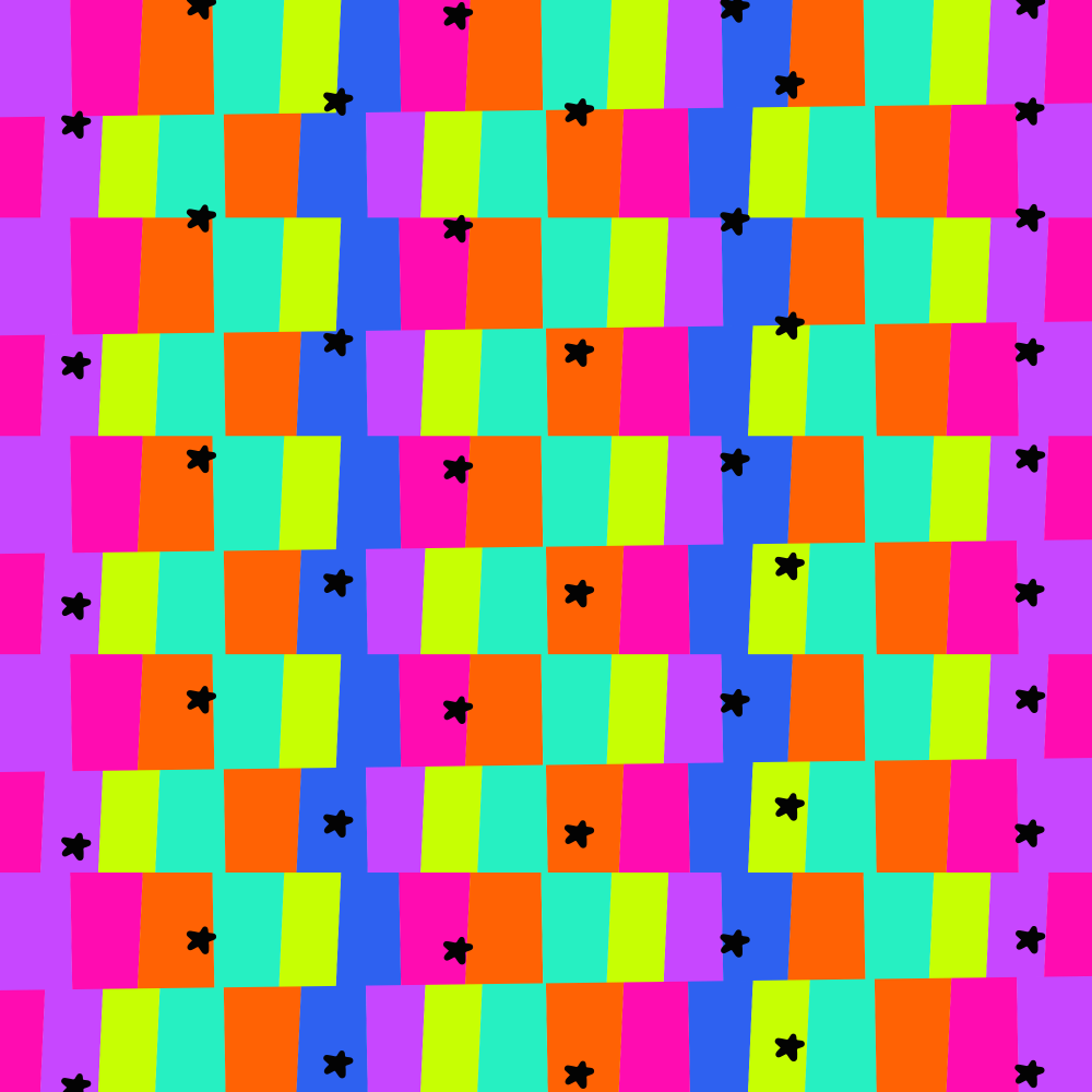 A seamless multicolor pattern featuring a grid of vibrant neon blocks in pink, orange, yellow, green, blue, and purple, interspersed with small black star shapes on a bright magenta background.