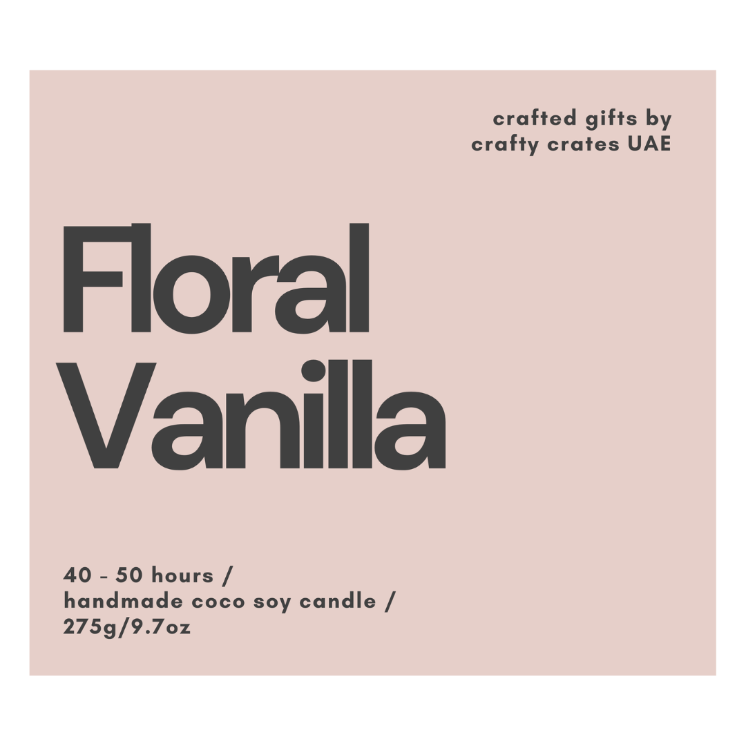 Floral Vanilla candle packaging with text on a beige background