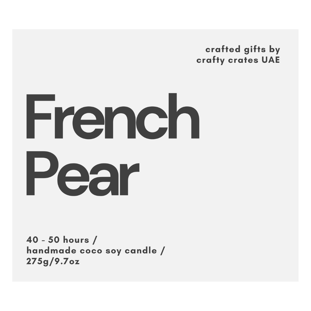 Label for a French Pear candle with branding information on a white background