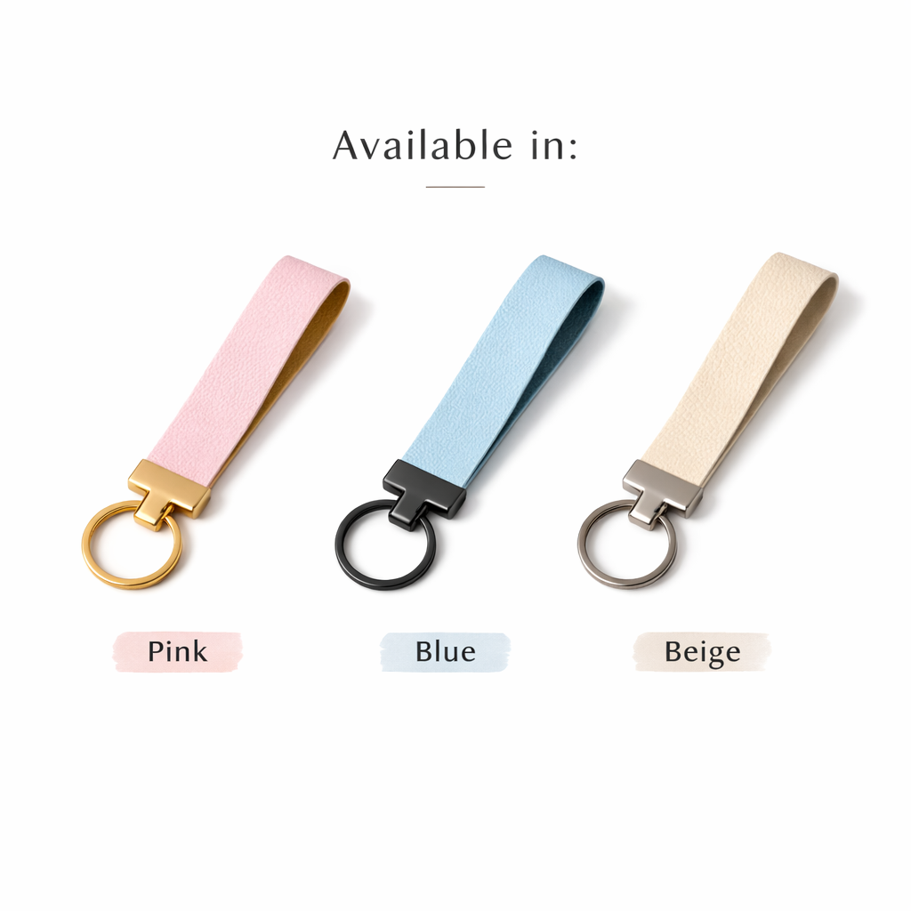 Three keychains in pink, blue, and beige with color labels on a white background.