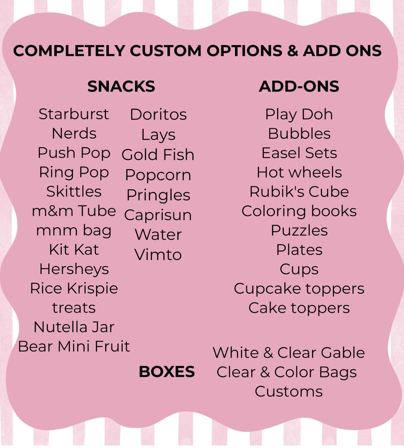 List of customizable options for snacks, add-ons, and boxes on a pink background.