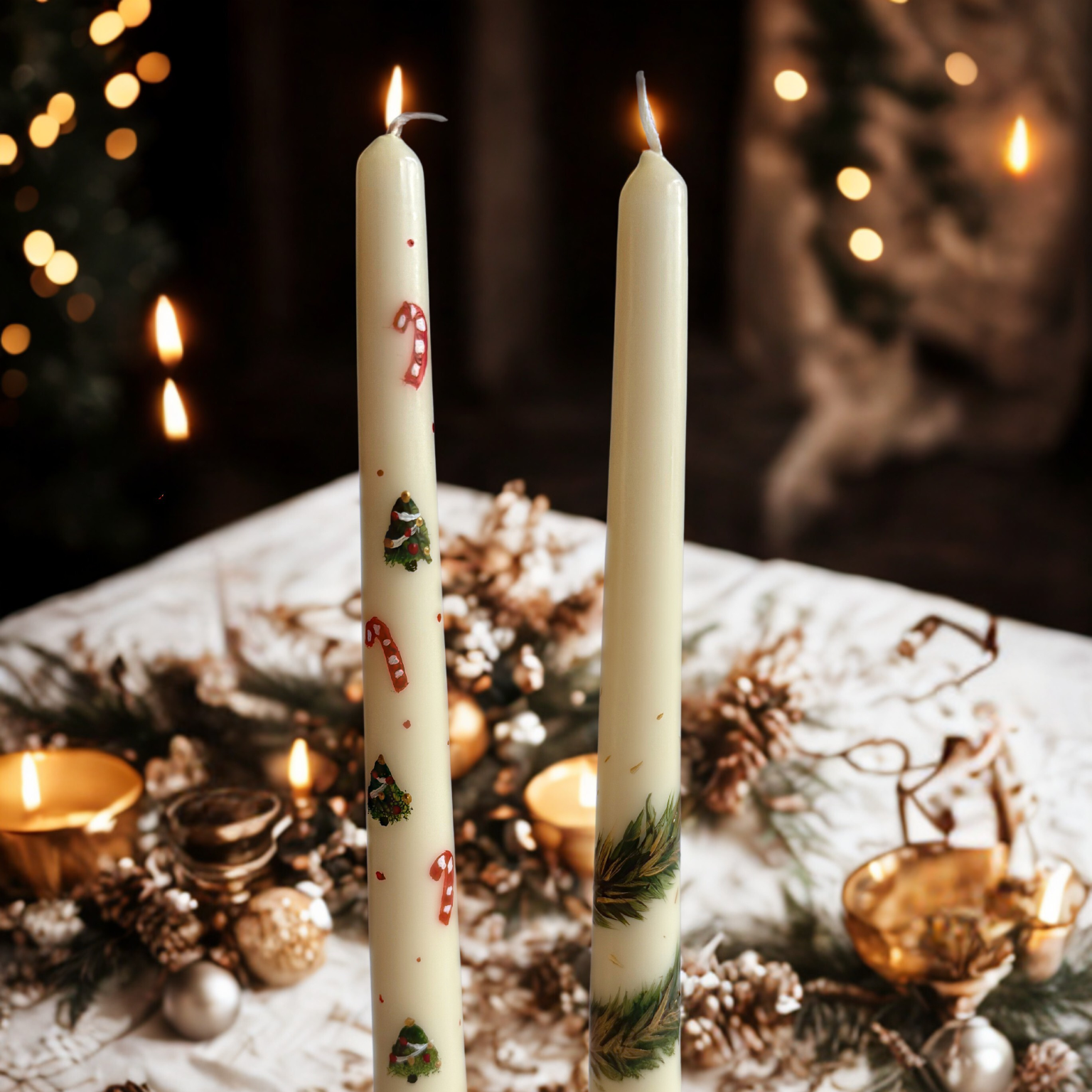 Two white candles with decorative designs on a table with Christmas decorations.