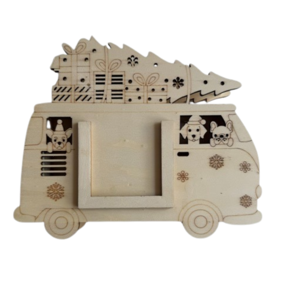 Wooden photo frame shaped like a vintage van with decorative elements on a white background
