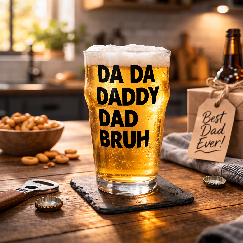 Glass of beer with 'DA DA DADDY DAD BRUH' text on a wooden table with snacks and a bottle.