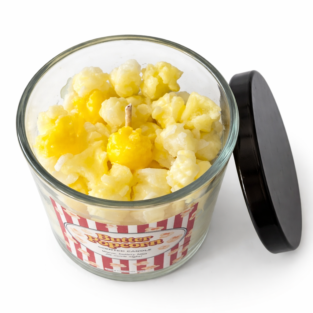 Butter popcorn candle in a glass jar with a black lid on a white background