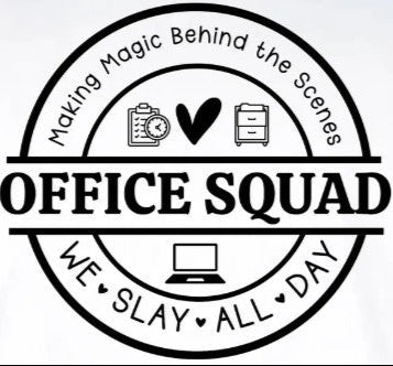 Circular logo with 'Office Squad' text and icons on a white background