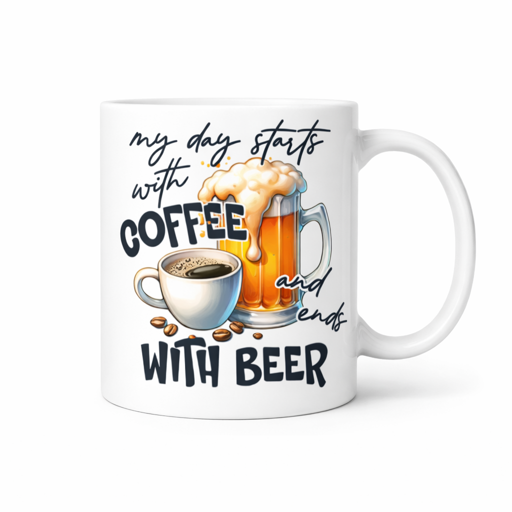 Illustration of a coffee cup and beer mug with text 'my day starts with coffee and ends with beer' on a white background.