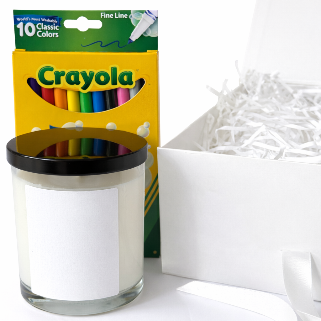 Crayola crayon box with a glass container on a white background