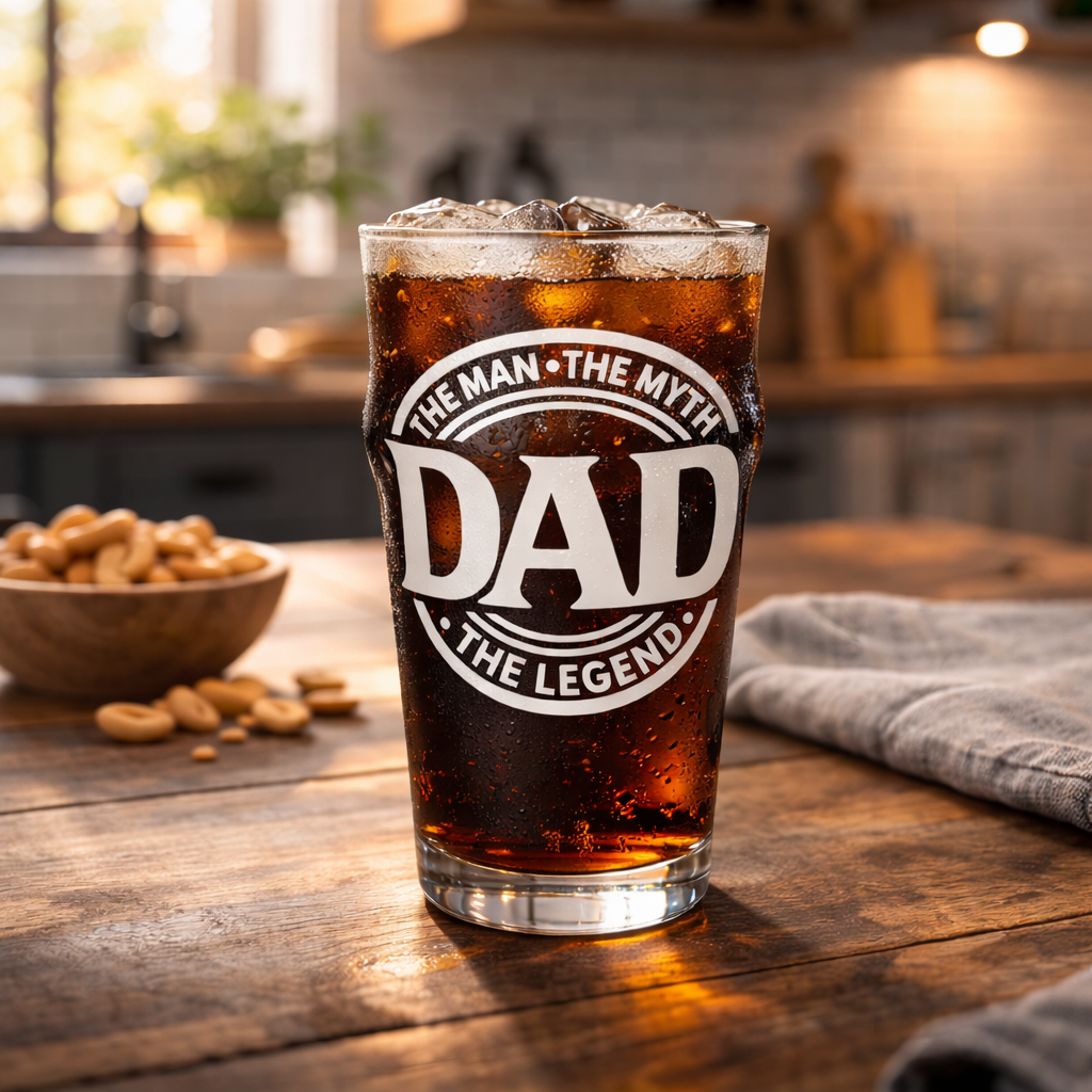 Glass of soda with 'DAD' text on a wooden table in a kitchen setting