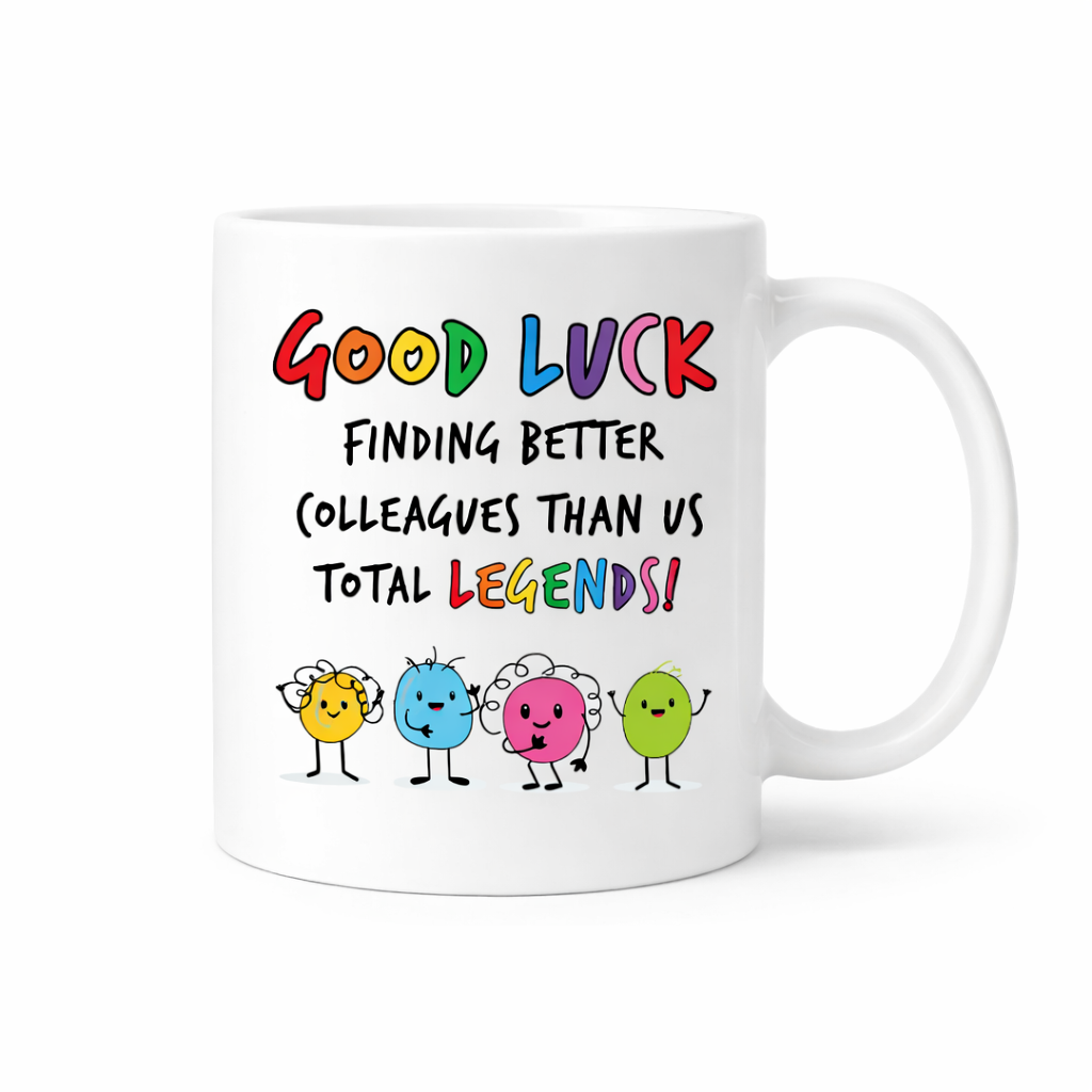 White mug with colorful text and cartoon characters on a white background