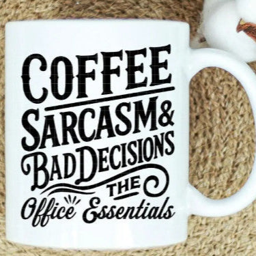White mug with black text on a textured surface