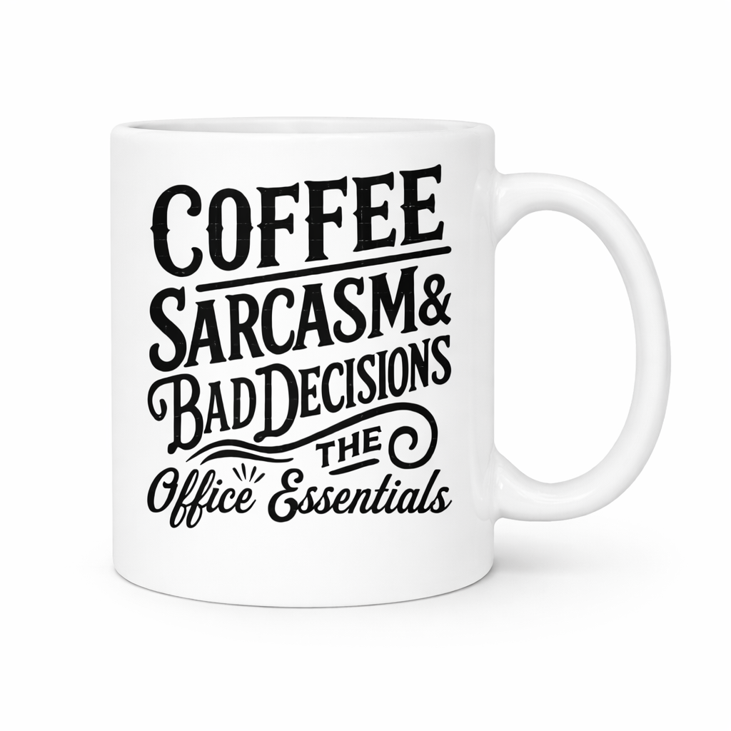 White mug with black text 'Coffee, Sarcasm & Bad Decisions: The Office Essentials' on a white background