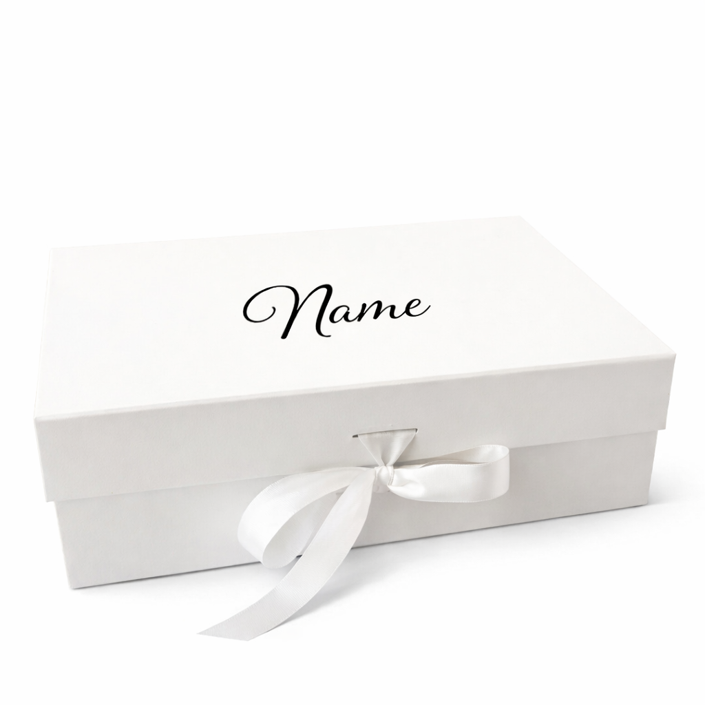 White gift box with a bow and 'Name' text on a white background