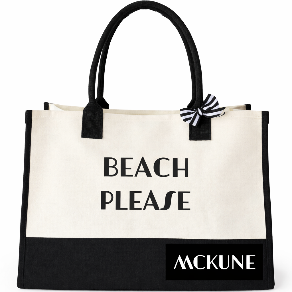 A black and white personalized beach bag with the text 'Beach Please' printed on the front, background.