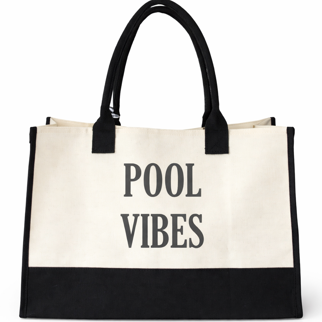 Tote bag with 'POOL VIBES' text on a white background