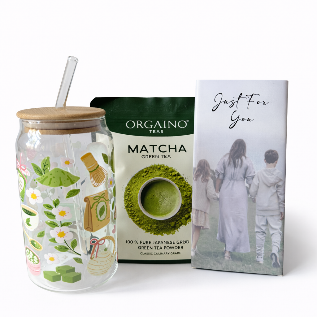 Matcha green tea packaging with a decorative glass and a card featuring 'Just For You'.