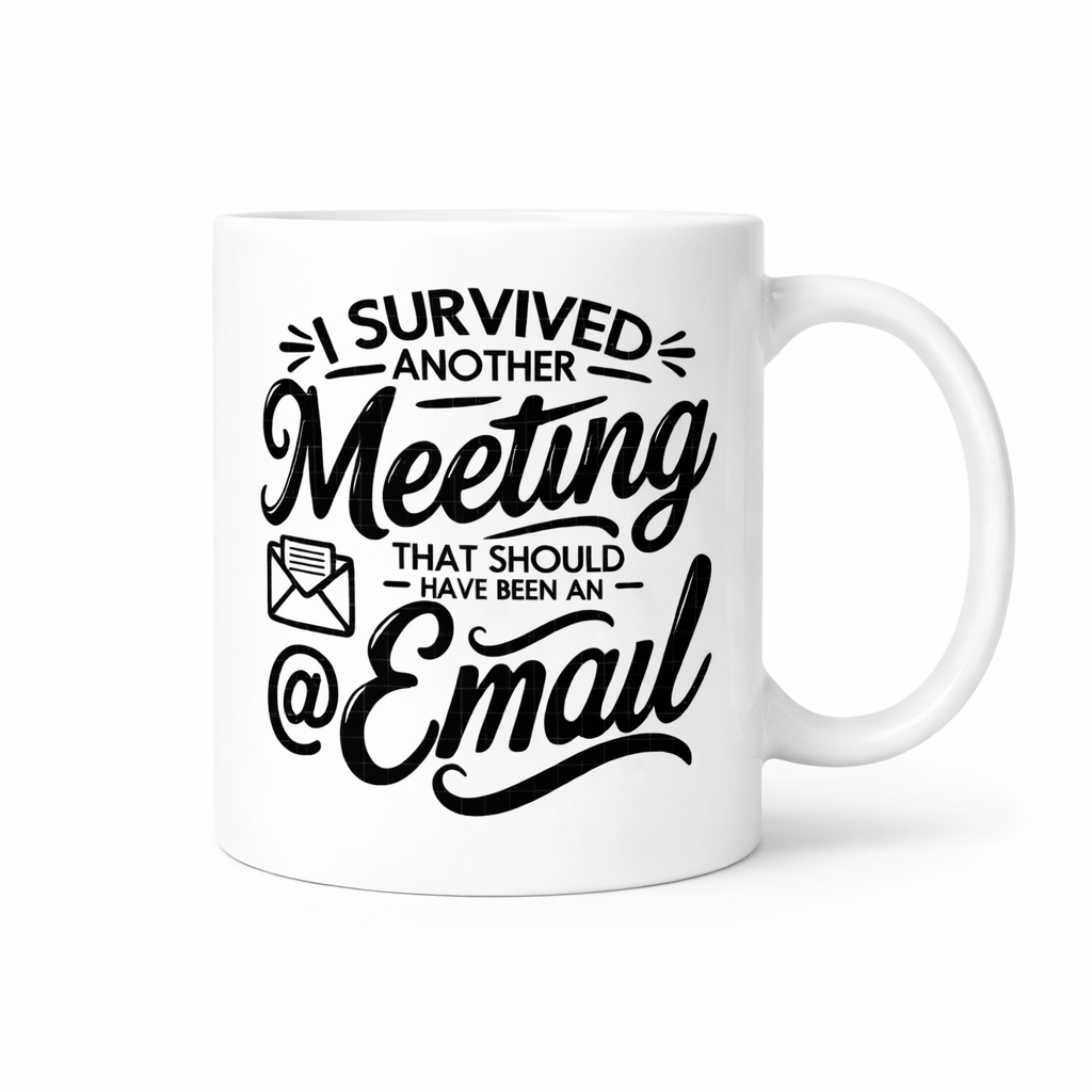 White mug with black text 'I survived another meeting that should have been an email' on a textured surface.