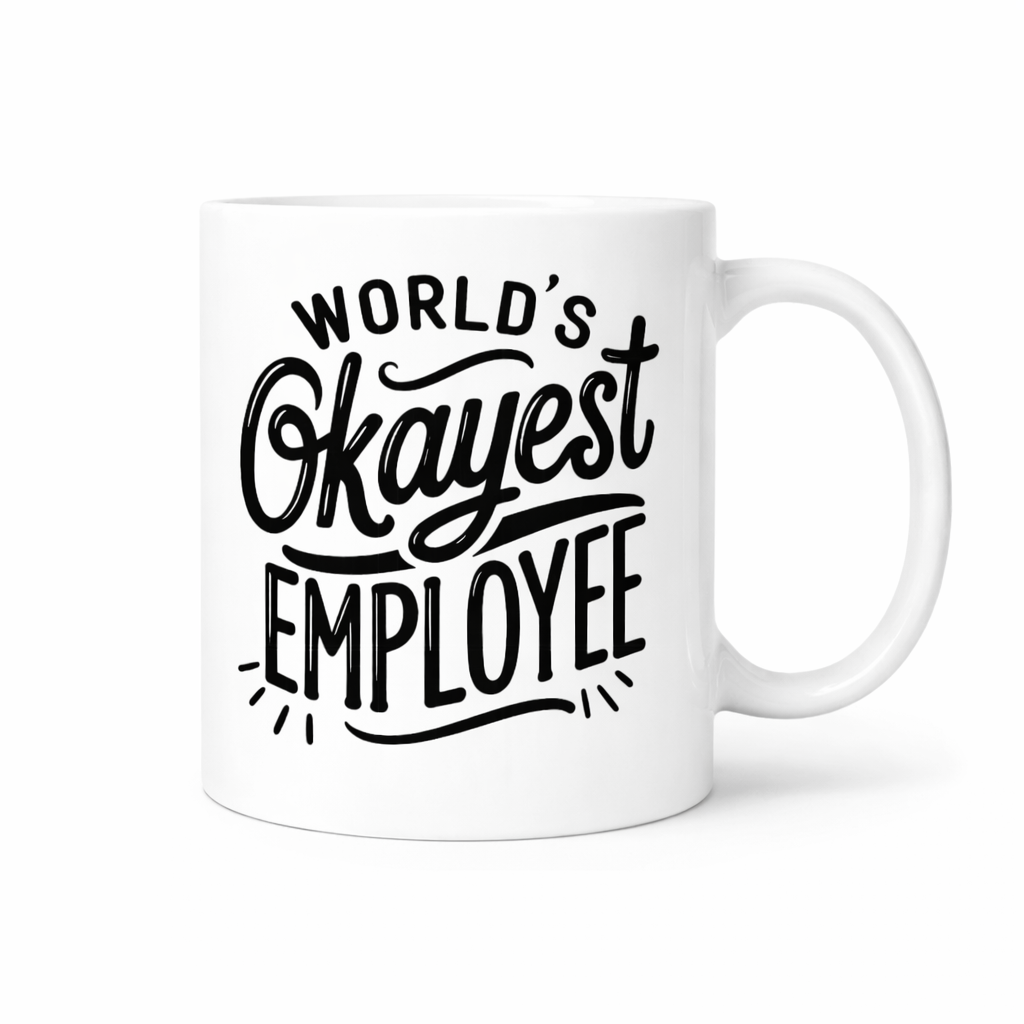 White mug with 'World's Okayest Employee' text on a textured surface